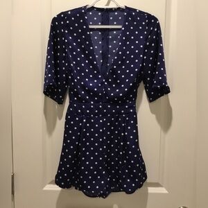 Navy Blue & White Polka Dot V-Neck Tied Waist Casual Romper With Ruffle Sleeves